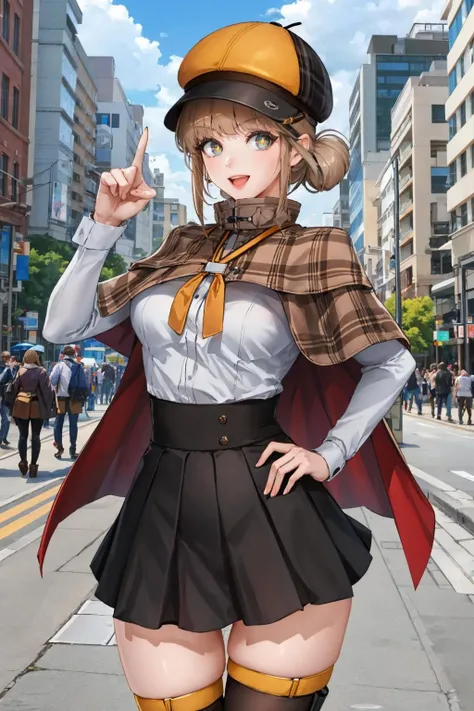 masterpiece, best quality, <lora:novel-nvwls-v2-000008:0.9> defnovel, deerstalker, plaid capelet, white shirt, long sleeves, black skirt, black thighhighs, pointing at viewer, :D, furrowed brow, city street, hand to hip