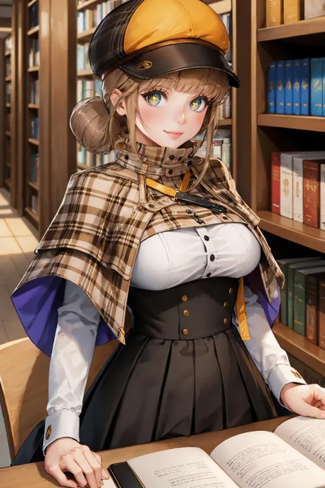 masterpiece, best quality, <lora:novel-nvwls-v2-000008:0.9> defnovel, deerstalker, yellow hat, plaid capelet, white shirt, long sleeves, black skirt, upper body, looking at viewer, smile, library, large breasts