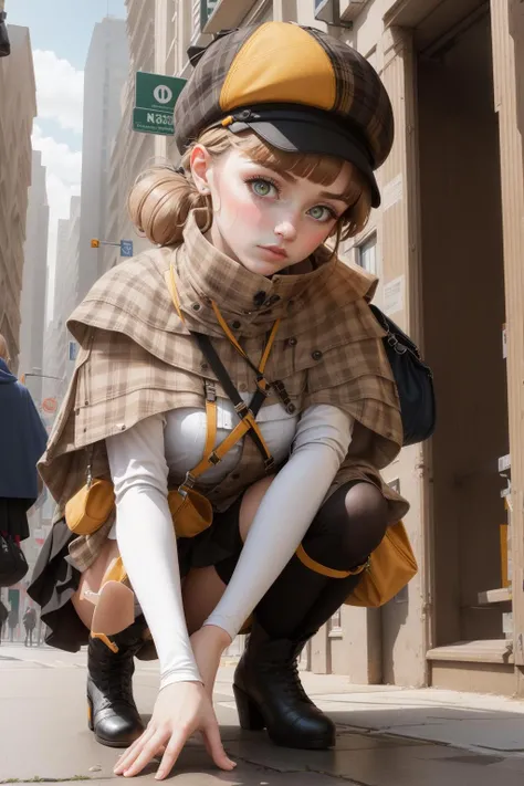 masterpiece, best quality, nikkenovel, deerstalker, plaid capelet, white shirt, black skirt, black thighhighs, boots, crouching, looking down, furrowed brow, ground, outdoors, city street<lora:novel-nvwls-v1-000010:0.9>