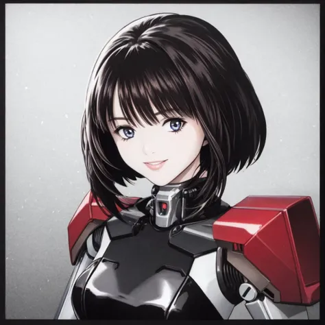 solo, mature, 1girl, upper body, short hair, seductive smile, mechanical parts, robot joints, mecha musume,  (silver armor:silver latex:0.3),   (shiny latex:0.6), small breasts, <lyco:IS_I'S_ComicStyle-000080:0.8>