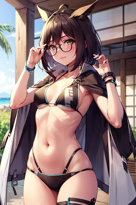 silence, 1girl, solo, looking at viewer,((bikini)),bare arms, adjusting eyewear, cowboy shot,<lora:silence-000008:0.8>