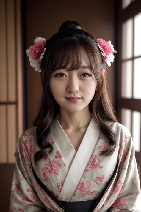 best quality, extra resolution, close up portrait of AIDA_hinas2022 as cute girl, pretty face, naughty, funny, happy, smiling, playful, intimate, flirting with camera, whearing kimono, kimono dress, japanese national dress, cinematic, studio photo, kkw-ph1, (dark theme:1.1) <lora:LowRA:0.2>
