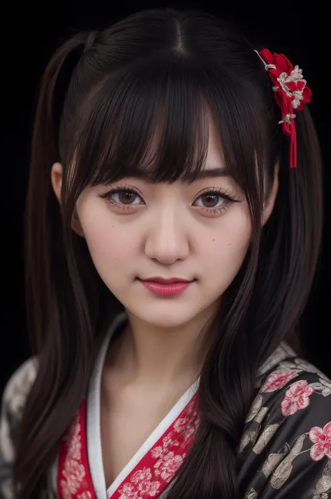 best quality, extra resolution, close up portrait of AIDA_hinas2022 as cute girl, pretty face, naughty, funny, happy, playful, intimate, flirting with camera, whearing kimono, kimono dress, japanese national dress, cinematic, studio photo, kkw-ph1, (colorful:1.1), (dark theme:1.1) <lora:LowRA:0.2>, (black background:1.3)