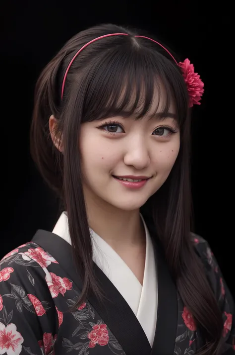 best quality, extra resolution, close up portrait of AIDA_hinas2022 as cute girl, pretty face, naughty, funny, happy, smiling, smiling with open mouth, perfect teeth, playful, intimate, flirting with camera, whearing kimono, kimono dress, japanese national dress, cinematic, studio photo, kkw-ph1, (colorful:1.1), (dark theme:1.1) <lora:LowRA:0.2>, (black background:1.3)