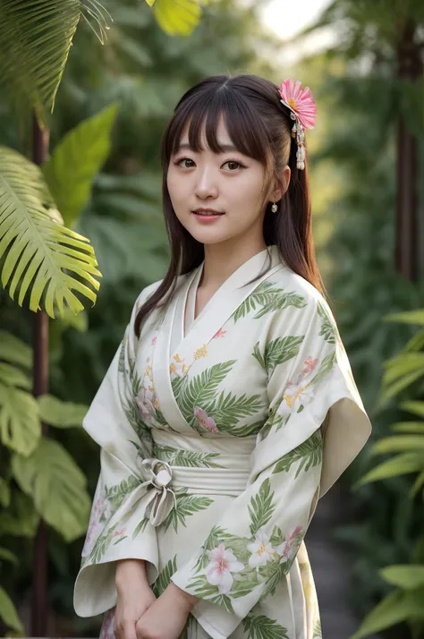 photo of AIDA_hinas2022 as a cute young girl, close up portrait of AIDA_hinas2022 as beautiful girl, pretty face, young 20yo woman, rich, (whearing kimono, kimono dress, japanese national dress:1.3), golden jewelry, very detailed face, (looking at viewer with love:1.3), (very detailed natural skin with pores), naughty, funny, dolly short, lovely, need love, emotions, happy, playful, flirting with camera, intimate, green light, kkw-ph1, colorful, (romantic garden setting:1.3), (tropical garden:1.3), (fantasy garden:1.3), stunningly beautiful, dystopian, dark, detailed background