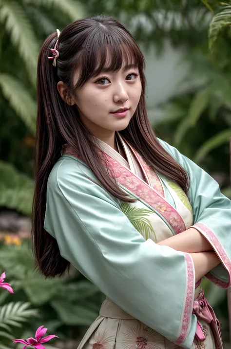 photo of AIDA_hinas2022 as a cute young girl, close up portrait of AIDA_hinas2022 as beautiful girl, pretty face, young 20yo woman, rich, (whearing kimono, kimono dress, japanese national dress:1.3), golden jewelry, very detailed face, (looking at viewer with love:1.3), (very detailed natural skin with pores), naughty, funny, dolly short, lovely, need love, emotions, happy, playful, flirting with camera, intimate, green light, kkw-ph1, colorful, (romantic garden setting:1.3), (tropical garden:1.3), (fantasy garden:1.3), stunningly beautiful, dystopian, dark, detailed background, <lora:tangbohu-detailer_1.0:1>, photorealistic <lora:xiaoshazi:0.1>