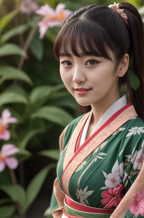 photo of AIDA_hinas2022 as a cute young girl, close up portrait of AIDA_hinas2022 as beautiful girl, pretty face, young 20yo woman, rich, (whearing kimono, kimono dress, japanese national dress:1.3), golden jewelry, very detailed face, (looking at viewer with love:1.3), (very detailed natural skin with pores), naughty, funny, smiling, dolly short, lovely, need love, emotions, happy, playful, flirting with camera, intimate, green light, kkw-ph1, colorful, (romantic garden setting:1.3), (tropical garden:1.3), (fantasy garden:1.3), stunningly beautiful, dystopian, dark, detailed background