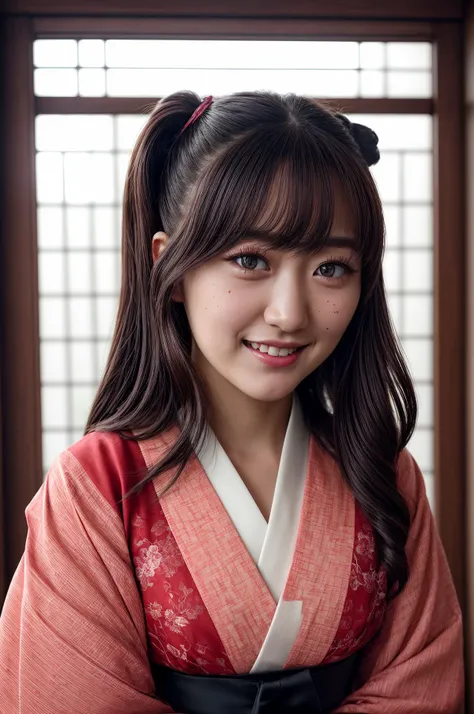 best quality, extra resolution, close up portrait of AIDA_hinas2022 as cute girl, pretty face, naughty, funny, happy, smiling, smiling with open mouth, perfect teeth, playful, intimate, flirting with camera, whearing kimono, kimono dress, japanese national dress, cinematic, studio photo, kkw-ph1, (dark theme:1.1) <lora:LowRA:0.2>, <lora:tangbohu-detailer_1.0:1>