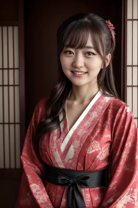 best quality, extra resolution, close up portrait of AIDA_hinas2022 as cute girl, pretty face, naughty, funny, happy, smiling, smiling with open mouth, perfect teeth, playful, intimate, flirting with camera, whearing kimono, kimono dress, japanese national dress, cinematic, studio photo, kkw-ph1, (dark theme:1.1) <lora:LowRA:0.2>