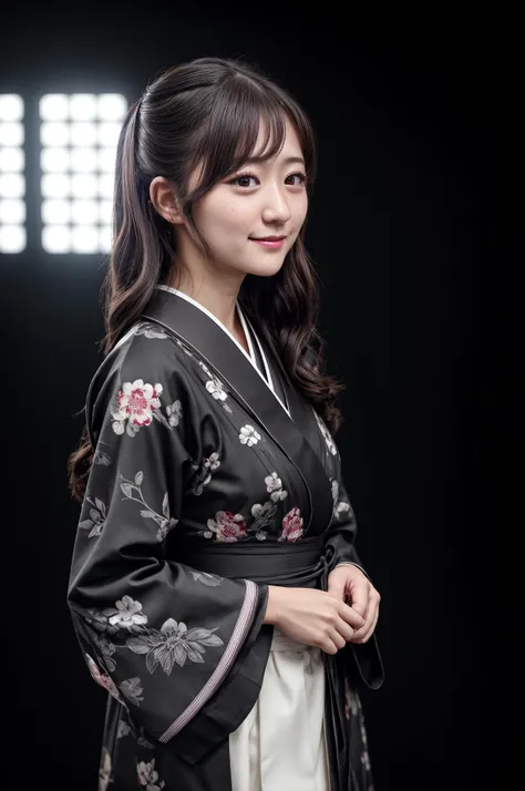 best quality, extra resolution, close up portrait of AIDA_hinas2022 as cute girl, beautiful girl, pretty face, naughty, funny, happy, smiling, playful, intimate, flirting with camera, whearing kimono, kimono dress, japanese national dress, cinematic, studio photo, kkw-ph1, (dark theme:1.1) <lora:LowRA:0.2>, <lora:tangbohu-detailer_1.0:1>, photorealistic <lora:xiaoshazi:0.1>, (black background:1.3)