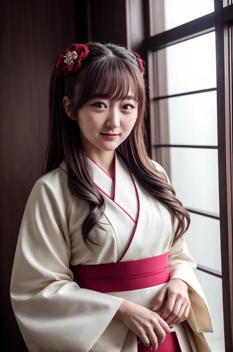best quality, extra resolution, close up portrait of AIDA_hinas2022 as cute girl, pretty face, naughty, funny, happy, smiling, playful, intimate, flirting with camera, whearing kimono, kimono dress, japanese national dress, cinematic, studio photo, kkw-ph1, (dark theme:1.1) <lora:LowRA:0.2>, <lora:tangbohu-detailer_1.0:1>