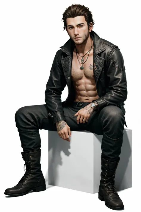 (Alone) mature man, serious expression, outfit (naked long penis), tattoos on arms, chains and earrings, black fur, and perfect face, perfect and muscular body