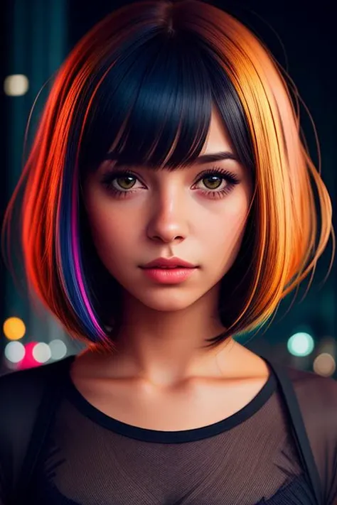 a cute girl,night, epic realistic, background city, <lora:hair-v3:0.6>, color hair , bob cut, (medium_shot:1.3),
