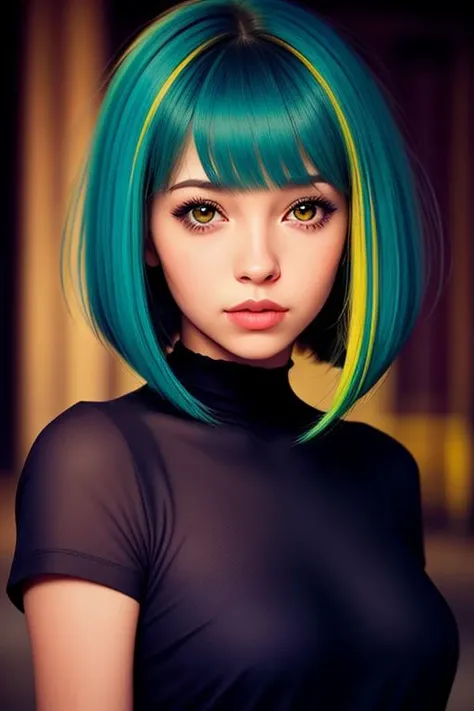 a cute girl,night,  epic realistic, background city, <lora:hair-v3:0.6>, color hair , bob cut,  (medium_shot:1.3), yellow hair