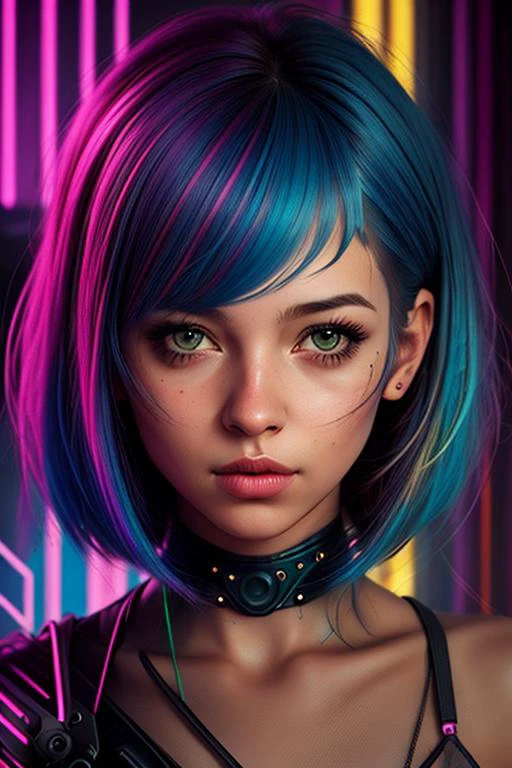 a cute girl,night, epic realistic, background cyberpunk city, <lora:hair-v3:0.7>, hair, (medium_shot:1.3)