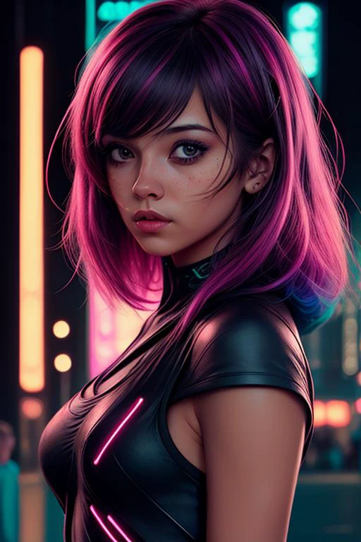 a cute girl,night, epic realistic, background cyberpunk city, <lora:hair-v3:0.7>, hair, (medium_shot:1.3)