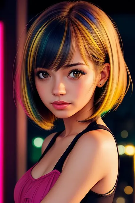 a cute girl,night,  epic realistic, background city, <lora:hair-v3:0.6>, color hair , bob cut,  (medium_shot:1.3), yellow hair