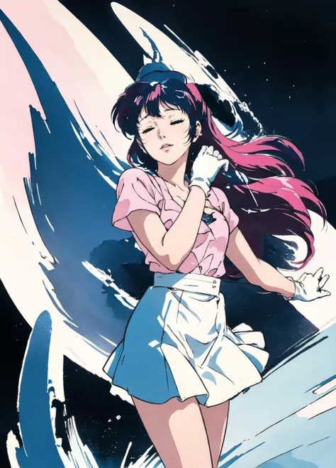 1980s \(style\),photorealisti,realistic,masterpiece,best quiality,8k illustration,absurdres,highres,1girl,half closed eyes,deep blue,mikimoto haruhiko,choujikuu yousai macross,lynn minmay,(deep blue long hair:1.5),sing a song,white short skirt,faint pink gloves ,faint pink intricate dress,on the stage,outer space,deep galaxy,3 valkyrie,air plane,fly away