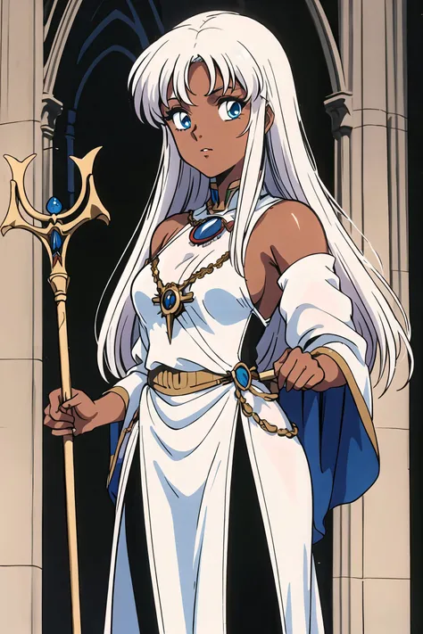 1980s \(style\), 1girl, (dark skin:1.3), sheer dress, priestess, long hair, white hair, blue eyes, magic staff, gothic cathedral, <lora:80sv1:0.6>