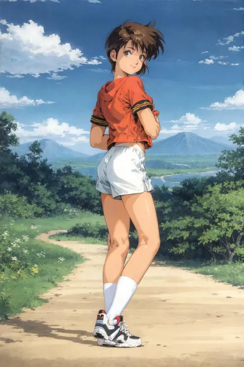 1980s \(style\), 1990s \(style\), blue sky, brown hair, bush, cloud, cloudy sky, day, forest, grass, looking at viewer, looking back, male focus, mountain, nature, outdoors, palm tree, plant, shoes, short hair, shorts, sky, smile, sneakers, socks, solo, sportswear, tree, white legwear, white shorts <lora:80sv1:0.6>