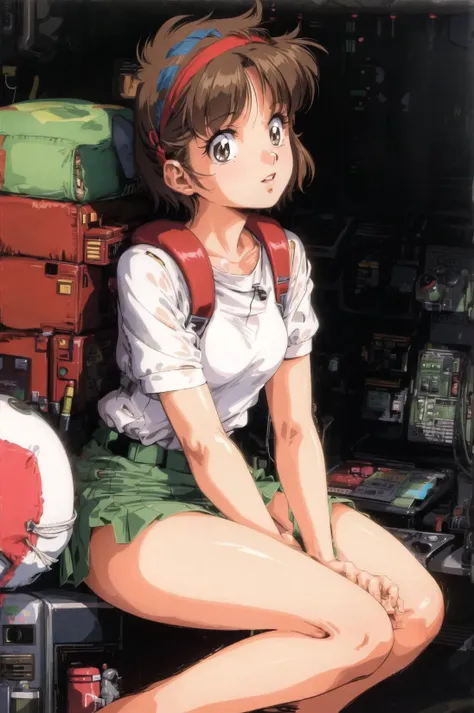 1980s \(style\), 1girl, backpack, bag, brown hair, car, cockpit, ground vehicle, headband, motor vehicle, short hair, short sleeves, solo <lora:80sv1:0.6>