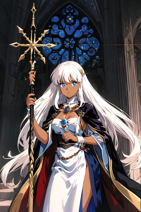 1980s \(style\), 1girl, (dark skin:1.3), sheer dress, priestess, long hair, white hair, blue eyes, magic staff, gothic cathedral, <lora:80sv1:0.6>
