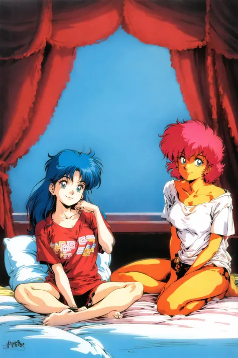 1980s \(style\), 1990s \(style\), 2girls, barefoot, bed, bed sheet, blue hair, long hair, multiple girls, pillow, red hair, retro artstyle, shirt, short hair, sitting, smile <lora:80sv1:0.6>