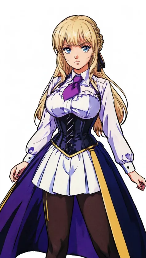 masterpiece best quality,
<lora:kujounagisa.sd15.v1:0.45>, anime coloring, cel shading,
mihaela, white shirt, black corset, white skirt, black thighhighs, standing, large breasts, long hair, looking at viewer, facing viewer, braid, 1girl, solo, hair ribbon, white background, cowboy shot, disappointed, purple necktie
full body, outdoors,
<lora:80sv1:0.8> 1980S \(STYLE\)