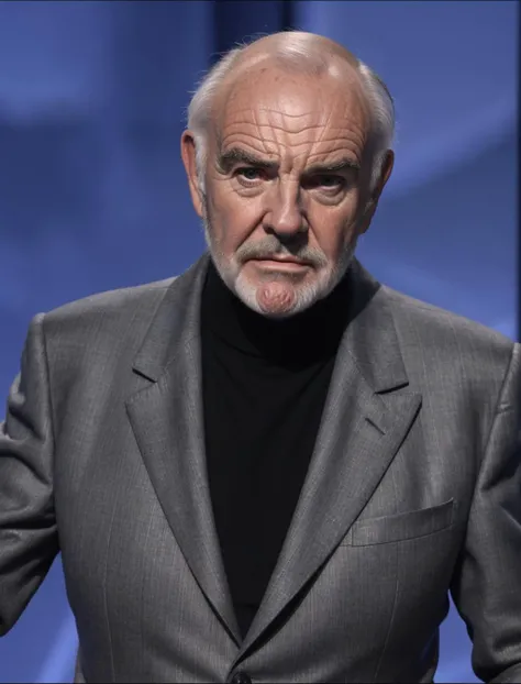 Dramatic photo of s3ac0 as a contestant on Jeopardy behind jeopardy podium, Sean Connery, wearing grey felt suit with a black turtleneck, wideshot,
