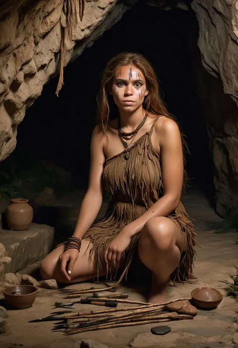 (medium full shot) of (raw cavewoman) young woman, slender body, caramel skin, medium hazel hair, wearing a woven grass one-shoulder dress with primitive stitching , barefoot, clay face paint, animal tooth necklace, set in the prehistory, in  a hidden cave, with a waterfall entrance, smooth stone floor, makeshift beds, an assortment of primitive tools, at dusk, woman smiling, ,Masterpiece,best quality, raw photo, realistic, very aesthetic, dark