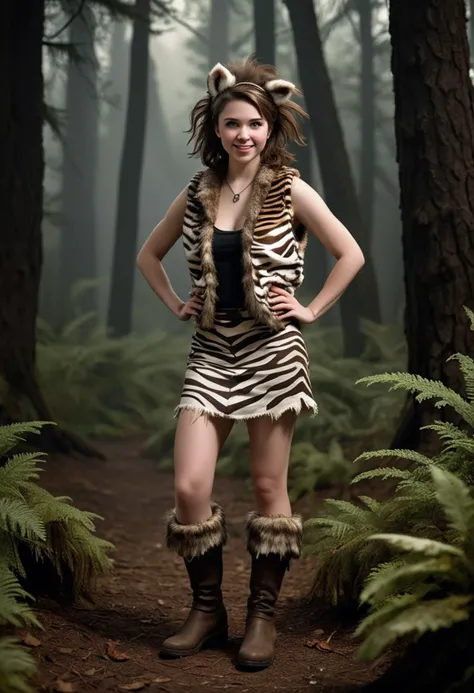 (medium full shot) of (fierce cavewoman) young woman, normal body, pale skin, short brown hair, wearing a zebra print pelt vest, frayed skirt, fur boots, fur headband, set in the prehistory, in a dark forest, with towering pines, whispering winds, rustling leaves, a sense of hidden danger, at dusk, woman smiling, ,Masterpiece,best quality, raw photo, realistic, very aesthetic, dark