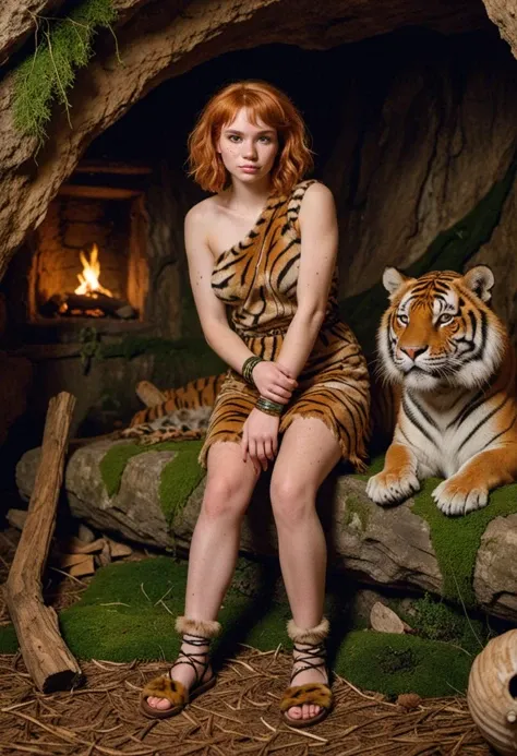 masterpiece, reality, 4k, (medium full shot) of (wild cavewoman) young woman, normal body, pale skin, short ginger hair, wearing a tiger print one-shoulder fur wrap, animal skin skirt, woven grass shoes, clay face paint, shell bracelet, set in a spacious cave, with moss-covered walls, rustic sleeping areas, simple wooden tools, a smoky fire in the center, under the moonlight, woman smiling