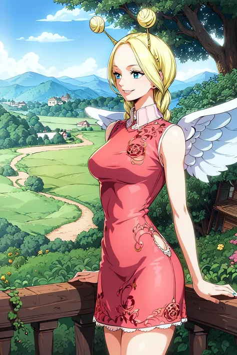 masterpiece, ((ultra detailed background, delicate pattern, intricate detail)), (highly detailed, fine details), best quality, beautiful lighting, ((medium breasts, slim girl)), Conis, 1girl, solo, blonde hair, wings, twin braids, smile, dress, blue eyes, bun, complex detailed background, blue sky, grass, trees, nature environment, (cowboy shot), <lora:Conis:0.75>