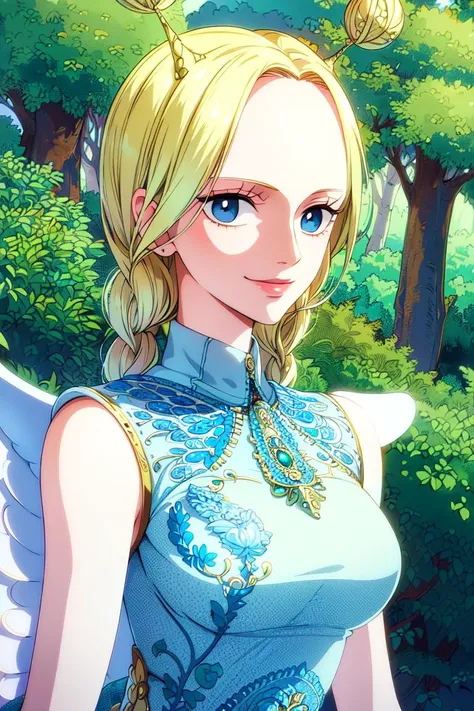 masterpiece, ((ultra detailed background, delicate pattern, intricate detail)), (highly detailed, fine details), best quality, beautiful lighting, ((medium breasts, slim girl)), Conis, 1girl, solo, blonde hair, wings, twin braids, smile, dress, blue eyes, bun, complex detailed background, blue sky, grass, trees, nature environment, (close-up, portrait), <lora:Conis:0.75>