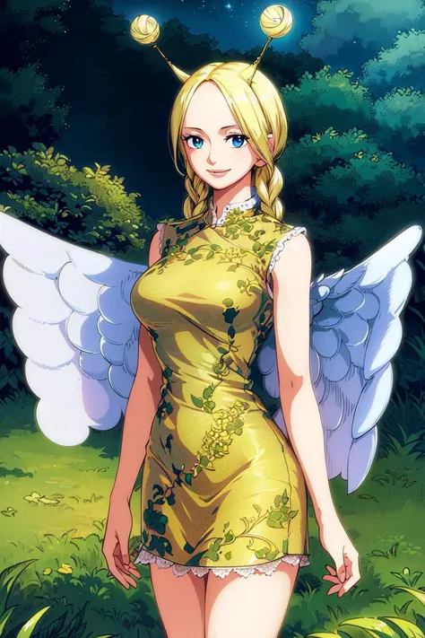 masterpiece, ((ultra detailed background, delicate pattern, intricate detail)), (highly detailed, fine details), best quality, beautiful lighting, ((medium breasts, slim girl)), Conis, 1girl, solo, blonde hair, wings, twin braids, smile, dress, blue eyes, bun, complex detailed background, blue sky, grass, trees, nature environment, (cowboy shot), <lora:Conis:0.75>