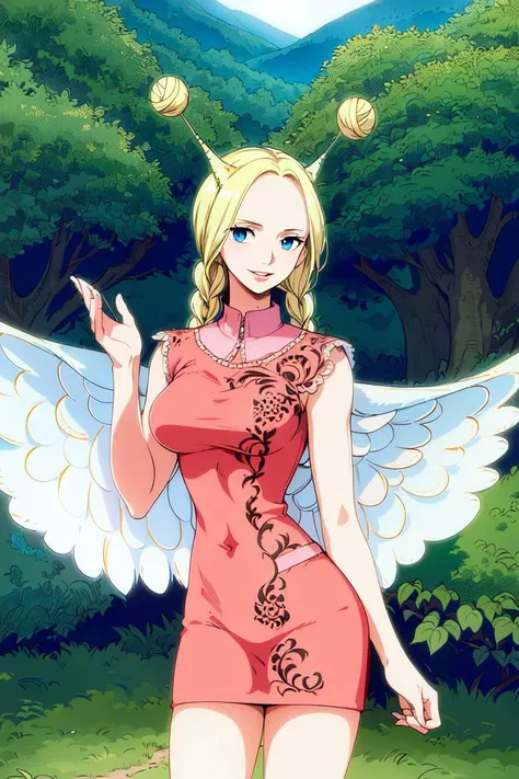 masterpiece, ((ultra detailed background, delicate pattern, intricate detail)), (highly detailed, fine details), best quality, beautiful lighting, ((medium breasts, slim girl)), Conis, 1girl, solo, blonde hair, wings, twin braids, smile, dress, blue eyes, bun, complex detailed background, blue sky, grass, trees, nature environment, (cowboy shot), <lora:Conis:0.75>