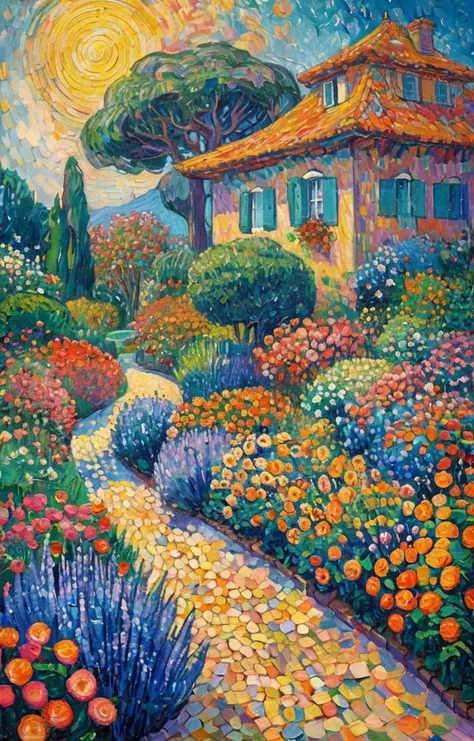 masterpiece,best quality,<lora:tbh130-sdxl:0.7>,spaceship in flower garden,illustration,oil painting,style of Paul Signac,