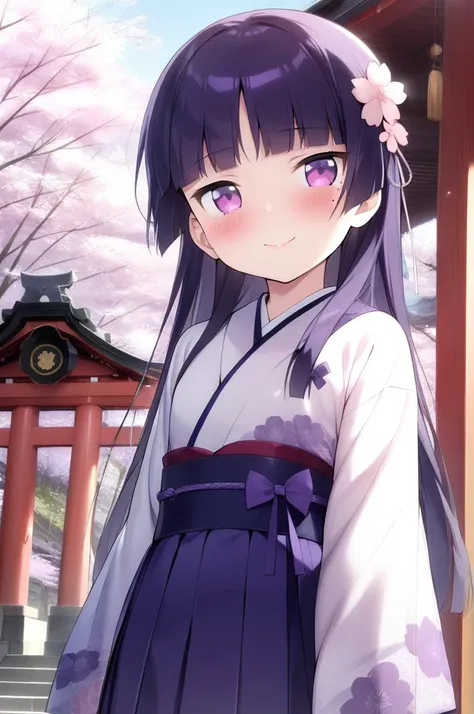 1girl,solo,petite,slender,gokou ruri,shrine,cherryblossoms,shiny eyes,mole under eye,black longhair, jyojifuku, purple furisode, hakama, floral print, hair ornament,small breasts,blush,smile,facing viewer,lip,<lora:better skin typeB-v1:0.7> <lora:XDetail_light:1.4> ,,masterpiece,best quality, very aesthetic, absurdres <lora:ruri_XL:0.7> <lora:furisode hakama_XL_V1.0:0.7>