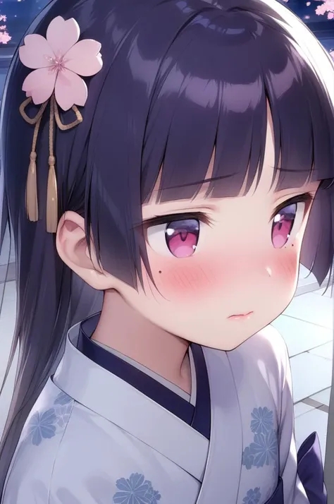 1girl,solo,petite,slender,gokou ruri,shy,night,pov,portrait,cherryblossoms,looking afar,from above,close up,shiny eyes,mole under eye,black longhair, jyojifuku, blue furisode, hakama, floral print, hair ornament,small breasts,blush,shiny lip,<lora:better skin typeB-v1:0.7> <lora:XDetail_light:1.4> ,,masterpiece,best quality, very aesthetic, absurdres <lora:ruri_XL:0.7> <lora:furisode hakama_XL_V1.0:0.7>