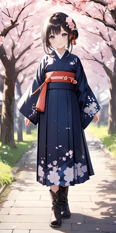 masterpiece,ultra-detailed,best quality,8K,illustration,ultra detailed face,cute face,clean skin ,shiny hair,girl,ultra-detailed-eyes, <lora:add-detail-xl:1>,cowboy shot, cherry blossom,
 <lora:furisode hakama_XL_V1.0:0.8> jyojifuku, furisode, hakama, floral print, hair ornament, boots