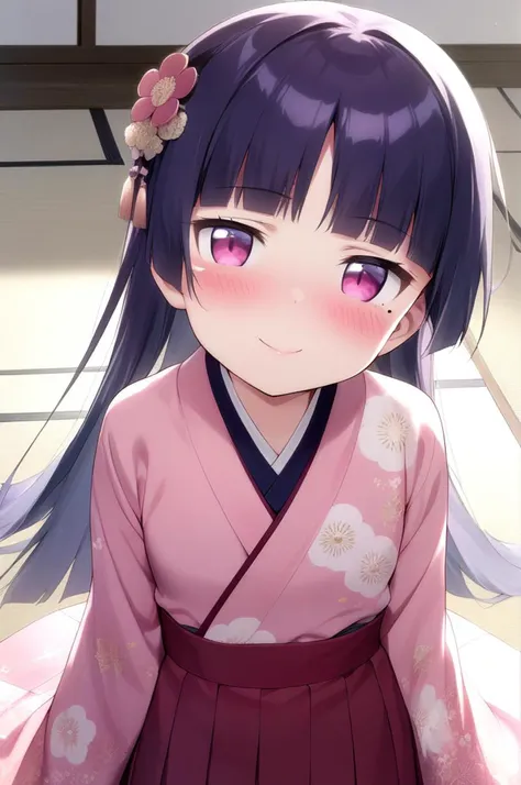 1girl,solo,petite,slender,gokou ruri,dhrine,shiny eyes,mole under eye,black longhair, jyojifuku, pink furisode, hakama, floral print, hair ornament,small breasts,blush,smile,facing viewer,lip,<lora:better skin typeB-v1:0.7> <lora:XDetail_light:1> ,,masterpiece,best quality, very aesthetic, absurdres <lora:ruri_XL:0.7> <lora:furisode hakama_XL_V1.0:0.7>