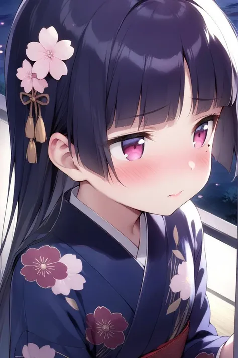 1girl,solo,petite,slender,gokou ruri,shy,night,pov,portrait,cherryblossoms,looking afar,from above,close up,shiny eyes,mole under eye,black longhair, jyojifuku, blue furisode, hakama, floral print, hair ornament,small breasts,blush,lip,<lora:better skin typeB-v1:0.7> <lora:XDetail_light:1.4> ,,masterpiece,best quality, very aesthetic, absurdres <lora:ruri_XL:0.7> <lora:furisode hakama_XL_V1.0:0.7>