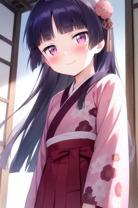 1girl,solo,petite,slender,gokou ruri,dhrine,shiny eyes,mole under eye,black longhair, jyojifuku, pink furisode, hakama, floral print, hair ornament,small breasts,blush,smile,facing viewer,lip,<lora:better skin typeB-v1:0.7> <lora:XDetail_light:1> ,,masterpiece,best quality, very aesthetic, absurdres <lora:ruri_XL:0.7> <lora:furisode hakama_XL_V1.0:0.7>