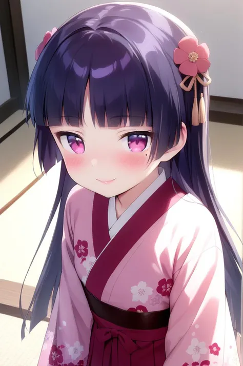 1girl,solo,petite,slender,gokou ruri,dhrine,shiny eyes,mole under eye,black longhair, jyojifuku, pink furisode, hakama, floral print, hair ornament,small breasts,blush,smile,facing viewer,lip,<lora:better skin typeB-v1:0.7> <lora:XDetail_light:1> ,,masterpiece,best quality, very aesthetic, absurdres <lora:ruri_XL:0.7> <lora:furisode hakama_XL_V1.0:0.7>