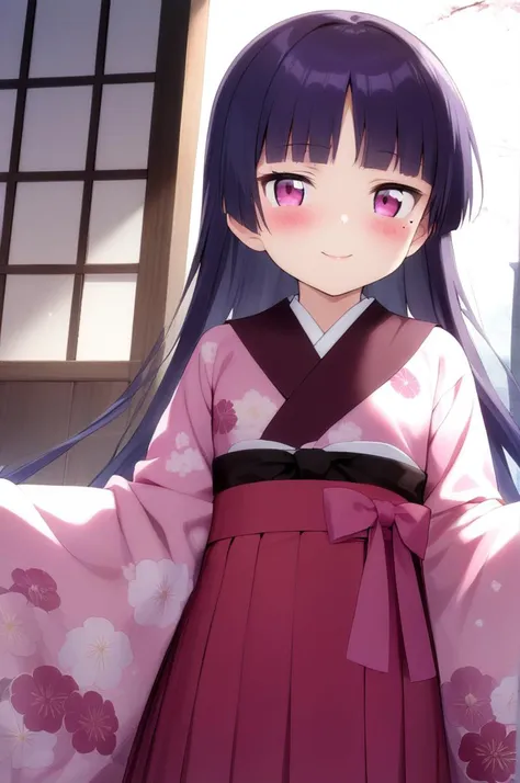 1girl,solo,petite,slender,gokou ruri,dhrine,shiny eyes,mole under eye,black longhair, jyojifuku, pink furisode, hakama, floral print, hair ornament,small breasts,blush,smile,facing viewer,lip,<lora:better skin typeB-v1:0.7> <lora:XDetail_light:1> ,,masterpiece,best quality, very aesthetic, absurdres <lora:ruri_XL:0.7> <lora:furisode hakama_XL_V1.0:0.7>