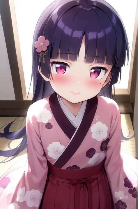 1girl,solo,petite,slender,gokou ruri,dhrine,shiny eyes,mole under eye,black longhair, jyojifuku, pink furisode, hakama, floral print, hair ornament,small breasts,blush,smile,facing viewer,lip,<lora:better skin typeB-v1:0.7> <lora:XDetail_light:1> ,,masterpiece,best quality, very aesthetic, absurdres <lora:ruri_XL:0.7> <lora:furisode hakama_XL_V1.0:0.7>