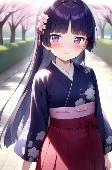 1girl,solo,petite,slender,gokou ruri,,cherryblossoms,shiny eyes,mole under eye,black longhair, jyojifuku, blue furisode, hakama, floral print, hair ornament,small breasts,blush,smile,facing viewer,lip,<lora:better skin typeB-v1:0.7> <lora:XDetail_light:1.4> ,,masterpiece,best quality, very aesthetic, absurdres <lora:ruri_XL:0.7> <lora:furisode hakama_XL_V1.0:0.7>