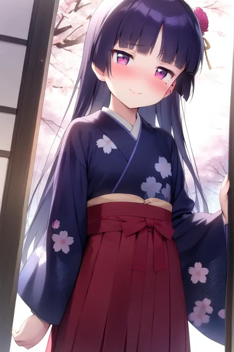 1girl,solo,petite,slender,gokou ruri,shy,cherryblossoms,shiny eyes,mole under eye,black longhair, jyojifuku, blue furisode, hakama, floral print, hair ornament,small breasts,blush,smile,facing viewer,lip,<lora:better skin typeB-v1:0.7> <lora:XDetail_light:1.4> ,,masterpiece,best quality, very aesthetic, absurdres <lora:ruri_XL:0.7> <lora:furisode hakama_XL_V1.0:0.7>