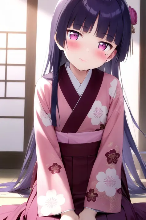 1girl,solo,petite,slender,gokou ruri,dhrine,shiny eyes,mole under eye,black longhair, jyojifuku, pink furisode, hakama, floral print, hair ornament,small breasts,blush,smile,facing viewer,lip,<lora:better skin typeB-v1:0.7> <lora:XDetail_light:1> ,,masterpiece,best quality, very aesthetic, absurdres <lora:ruri_XL:0.7> <lora:furisode hakama_XL_V1.0:0.7>