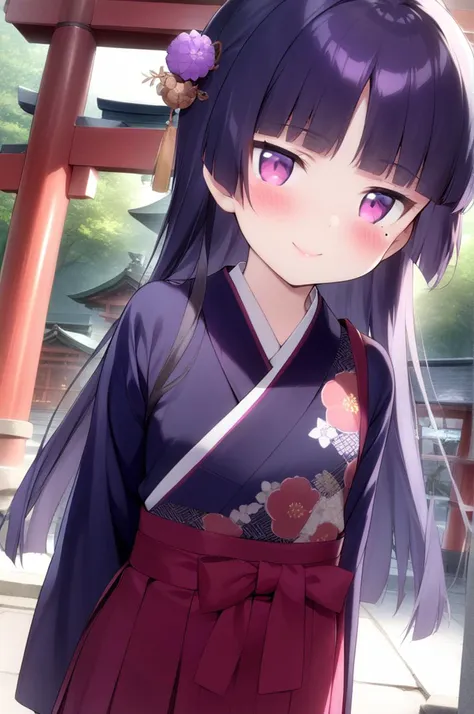 1girl,solo,petite,slender,gokou ruri,shrine,shiny eyes,mole under eye,black longhair, jyojifuku, purple furisode, hakama, floral print, hair ornament,small breasts,blush,smile,facing viewer,lip,<lora:better skin typeB-v1:0.7> <lora:XDetail_light:1.4> ,,masterpiece,best quality, very aesthetic, absurdres <lora:ruri_XL:0.7> <lora:furisode hakama_XL_V1.0:0.7>